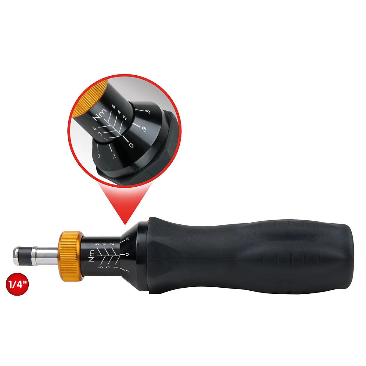 Ein Drehmomentschrauber, schwarz mit gelben Akzenten. Details mit Nm-Skala, eingebettet.